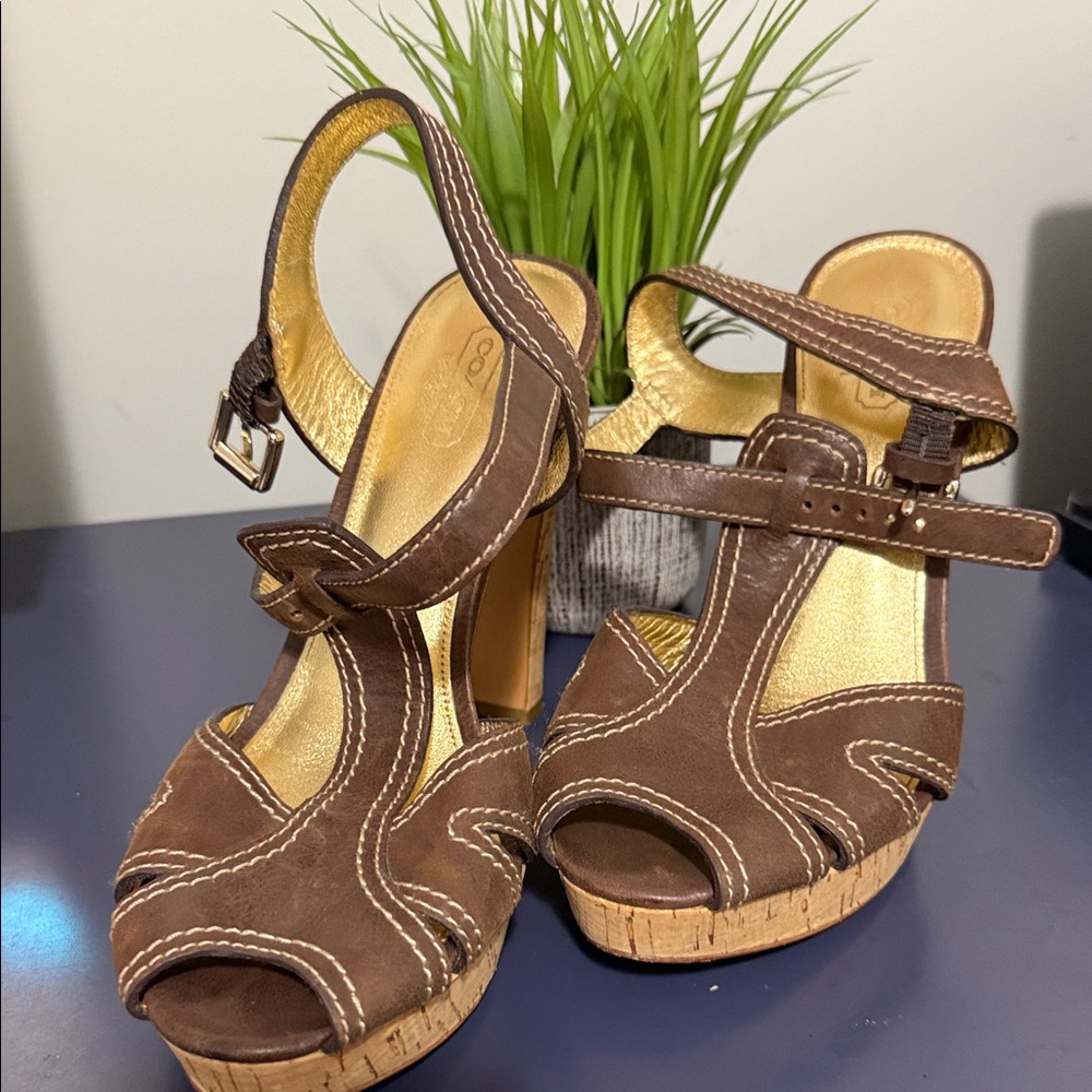 Coach Brown Leather Wedge Sandals